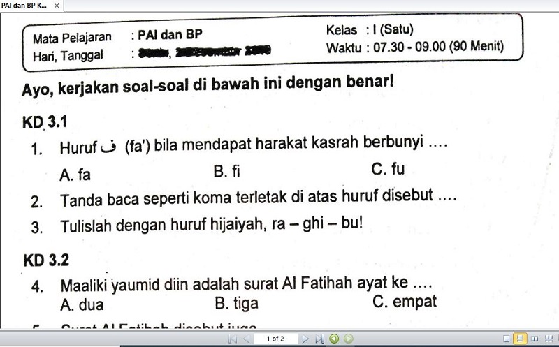 Contoh Soal Pendidikan Agama Islam Kelas 1 Sd