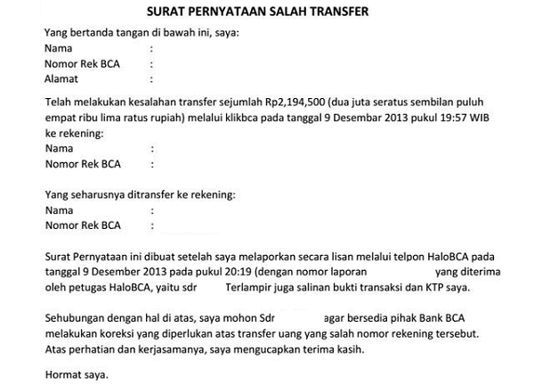 Contoh Surat Pernyataan Salah Transfer Uang